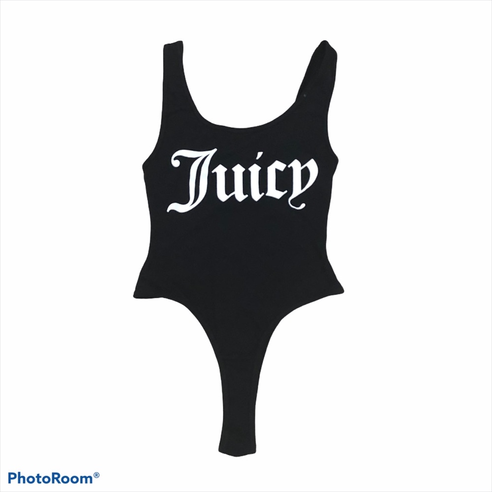Juicy Couture black with white logo scoop neck pull on bodysuit
